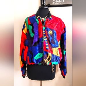 Vintage 1990's Red Jacquard Satin Allover Picasso Print Blouson Jacket